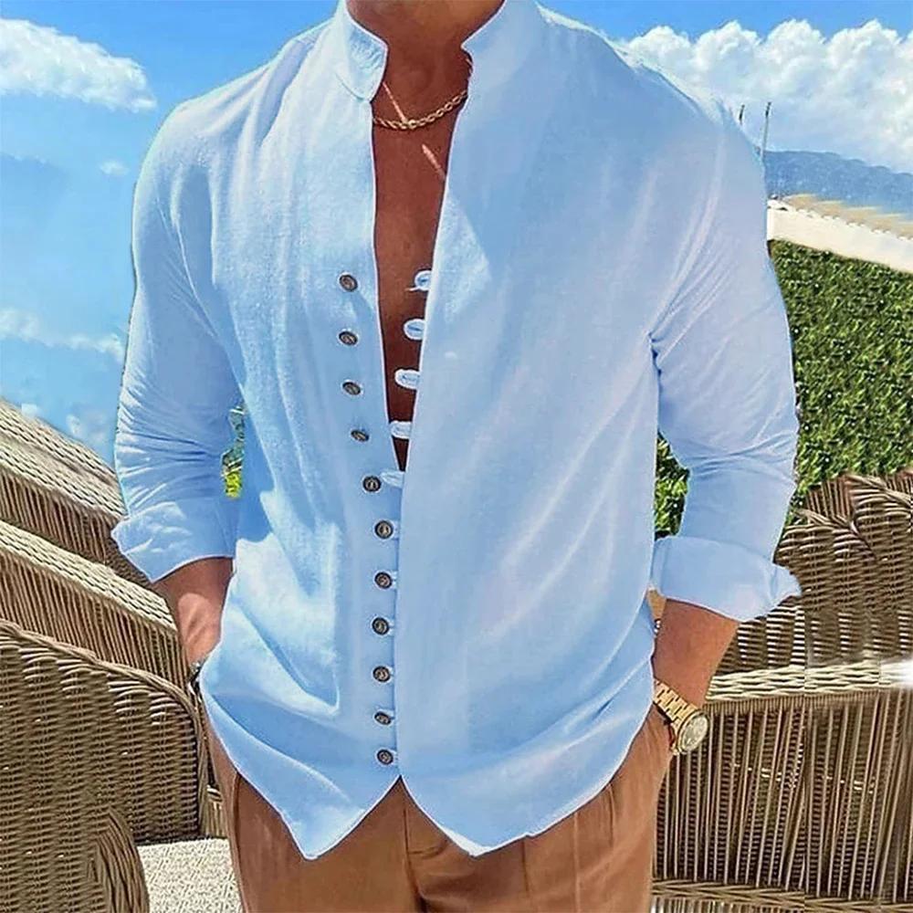 Chemise en coton et lin pour hommes, chemises à manches longues, couleur unie, boutonnée, Style déco