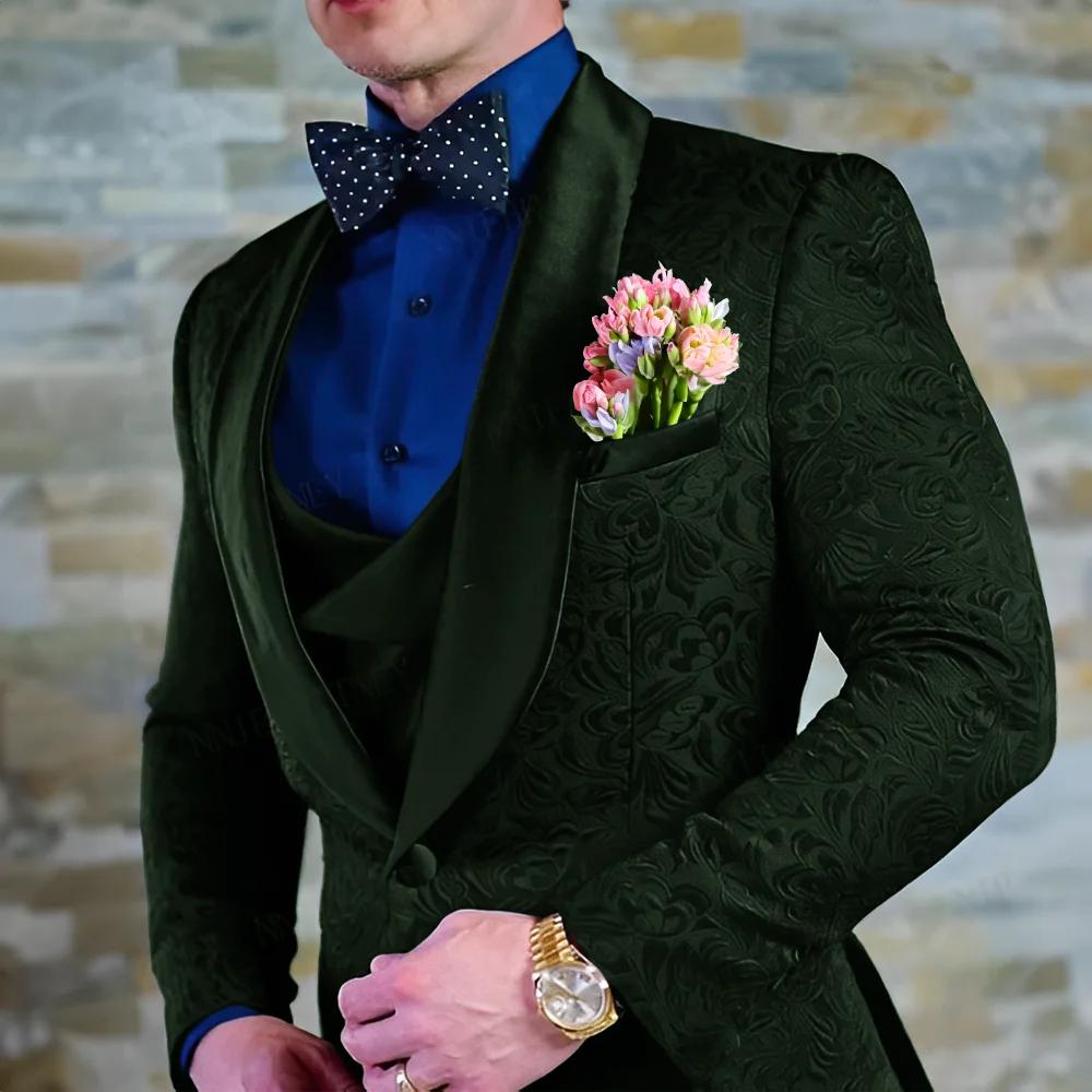 Costume bleu marine pour hommes, veste et pantalon en Jacquard, ensemble 3 pièces, smoking formel po