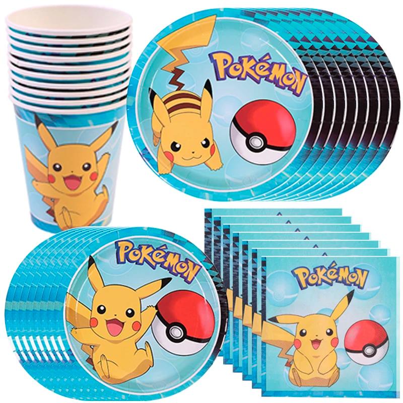 Décorations de fête d'anniversaire Pokemon, vaisselle en papier, assiettes, serviettes, tasses, napp