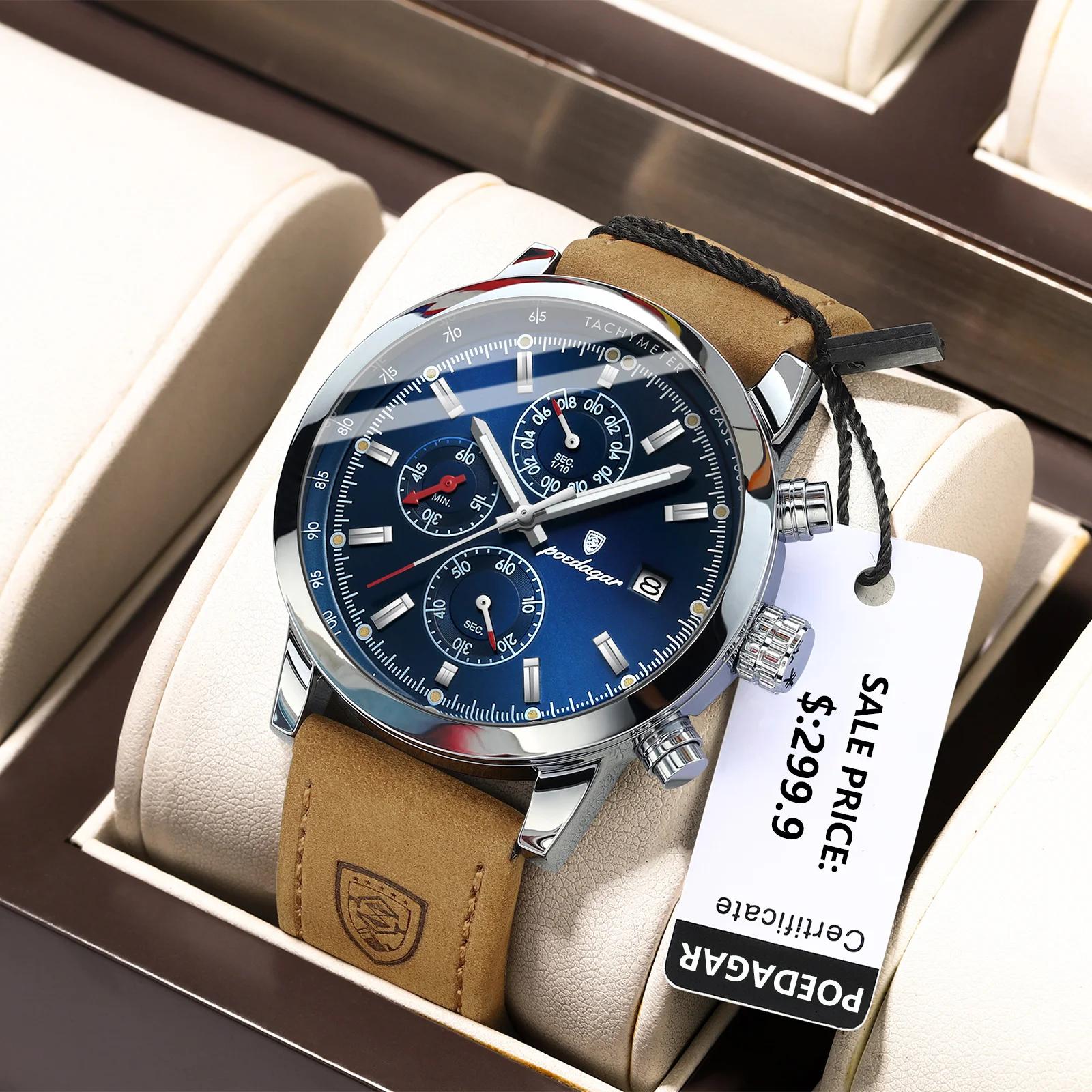POEDAGAR-Montre de Luxe Chimman pour Homme, Chronographe Shoe, Étanche, Date, dehors, Mn, Cuir, Mont