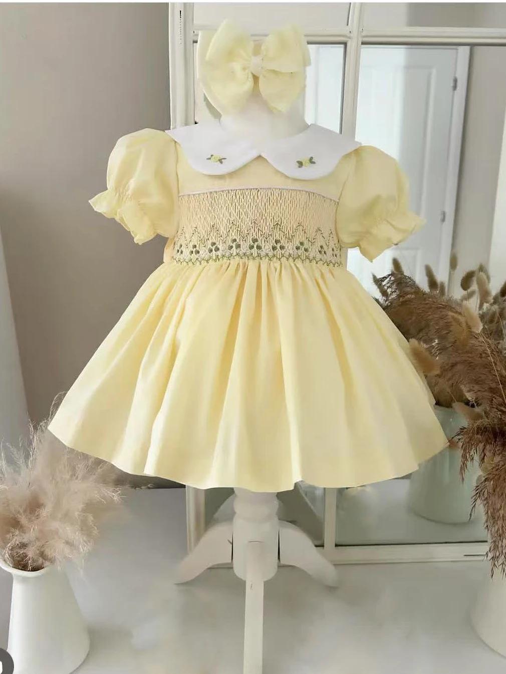 Robe d'été smockée jaune pour bébé fille, broderie faite à la main, robe de princesse Lolita turque 