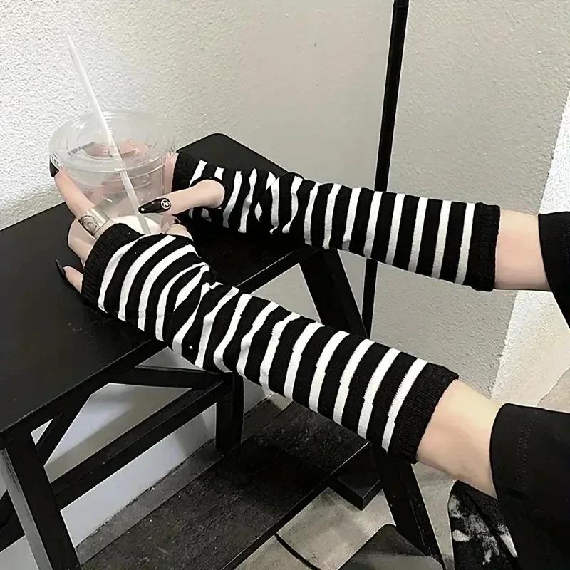 Y2K gothique Lolita gants bras couverture Harajuku chauffe-bras noir gris rayé sans doigts Punk long