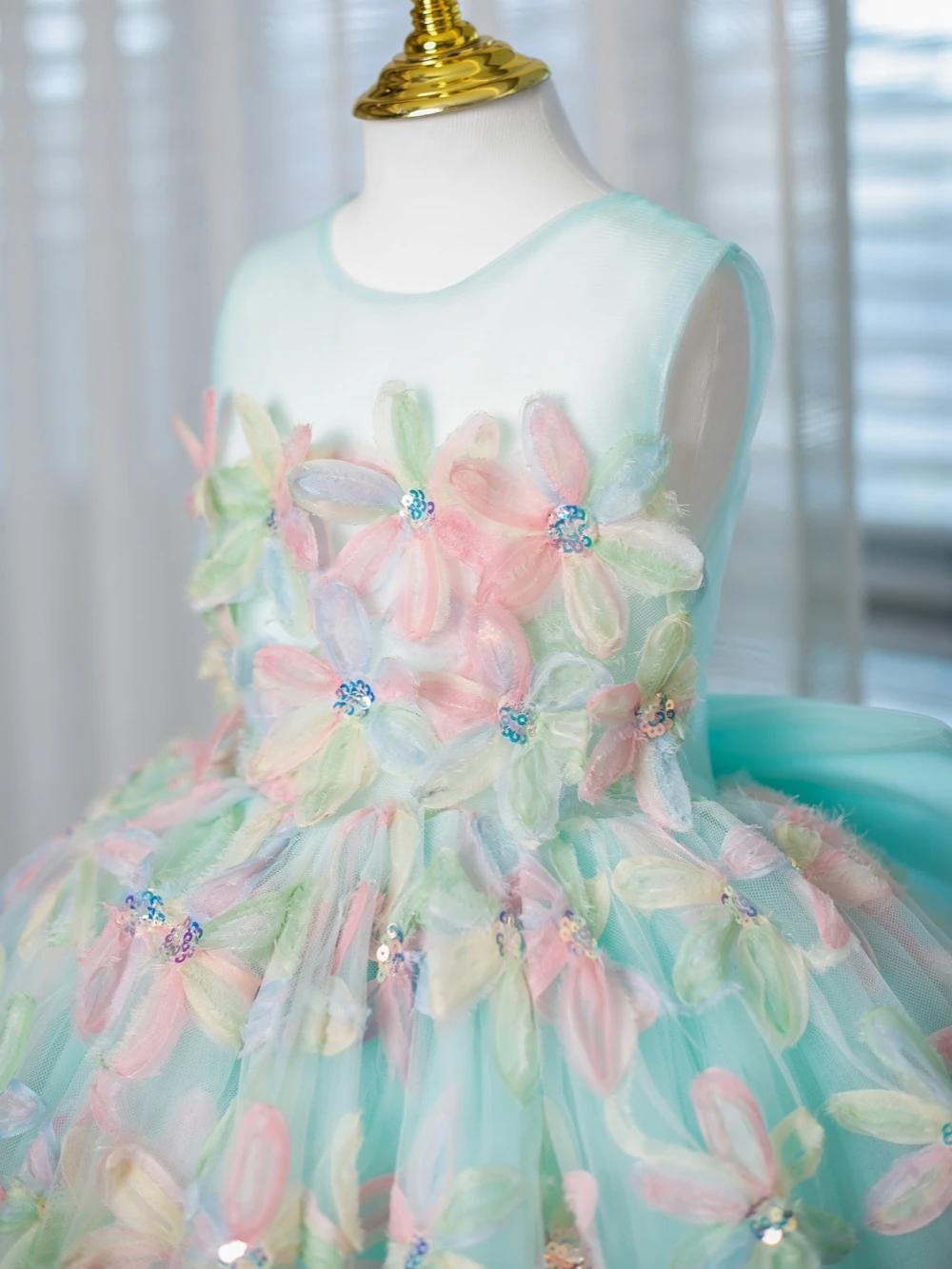 Robe de princesse colorée à fleurs 3D pour enfants, 80-160cm, élégante, col rond, sans manches, avec