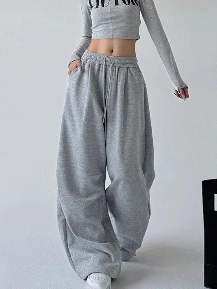 Pantalon de survêtement Y2K Harajuku à jambe large pour femme, streetwear ample et oversize gris, pa