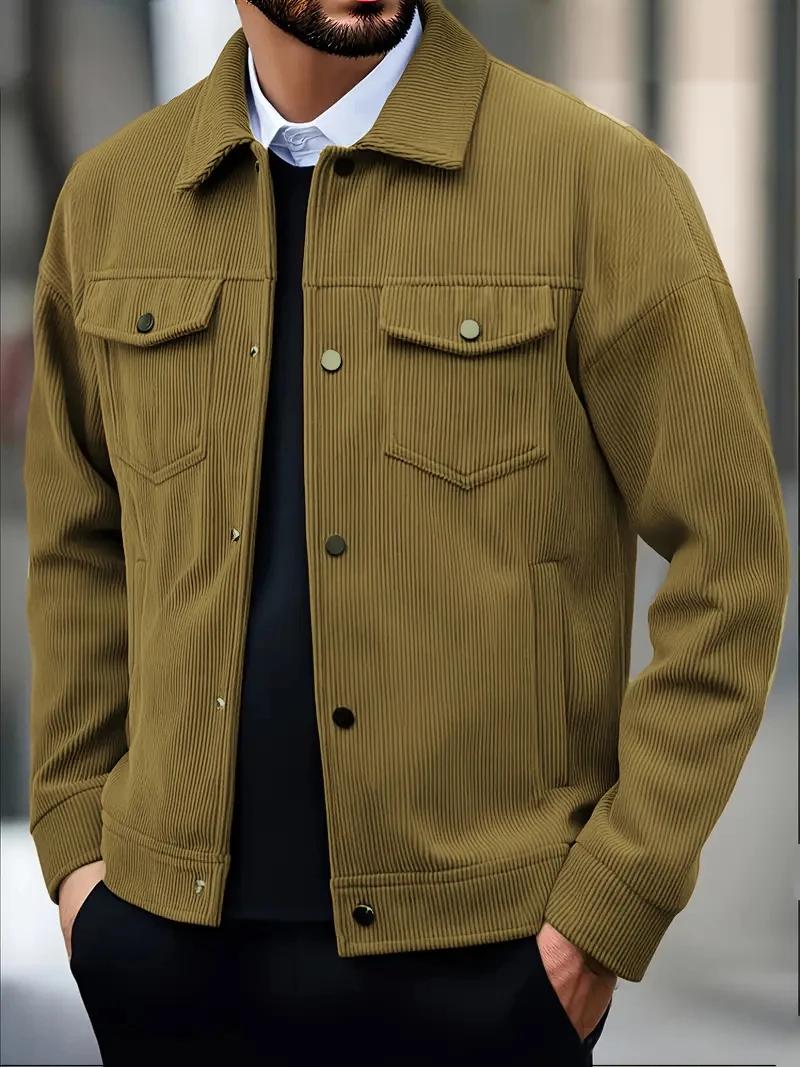 Veste en velours côtelé pour homme, col rabattu, boutons, poche poitrine, style décontracté vintage 