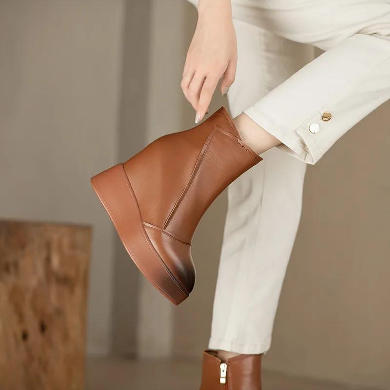 MKKBathroom-Bottes courtes en cuir pour femmes, bottes compensées pointues, bottes de rinçage décont