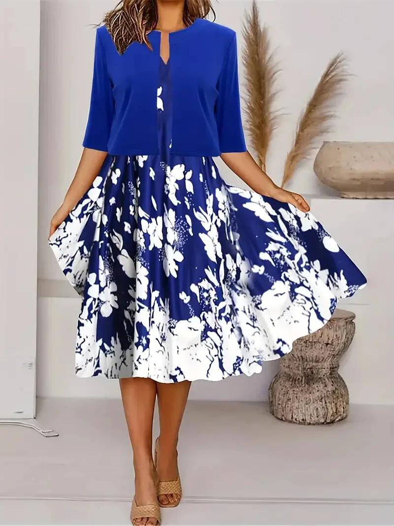 Robe longue pour femmes, ensemble deux pièces imprimé floral, col rond, manteau, Europe et états-uni