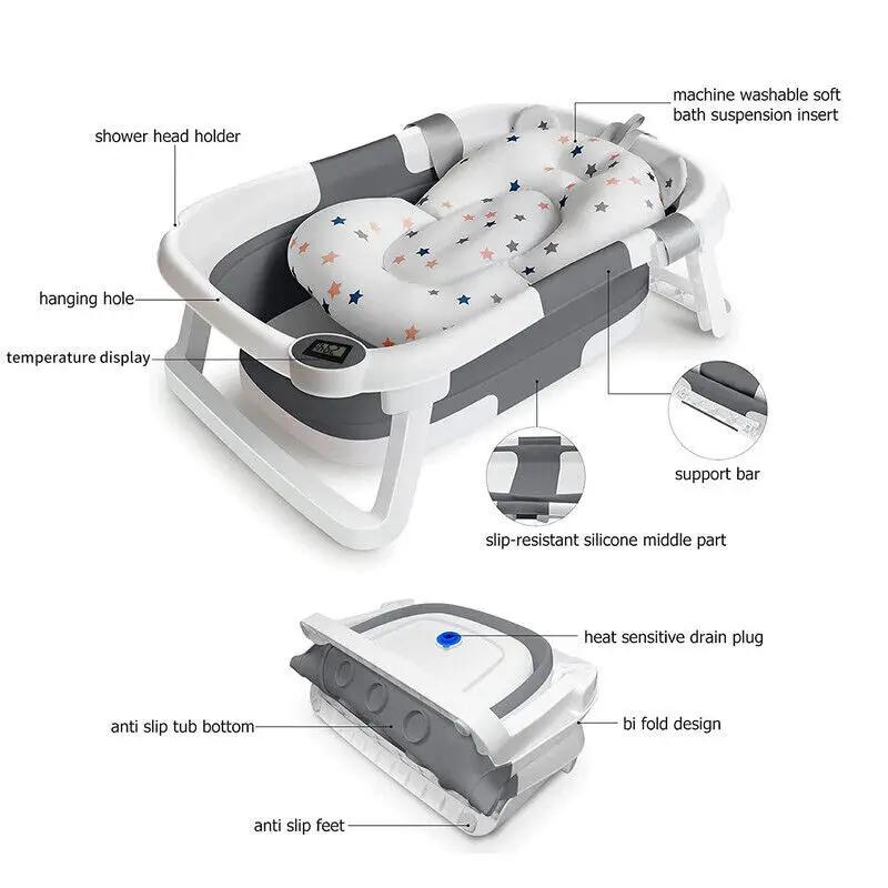 Baignoire pliable pour bébé avec capteur de température et coussin doux, en PP+TPR non toxique, bass