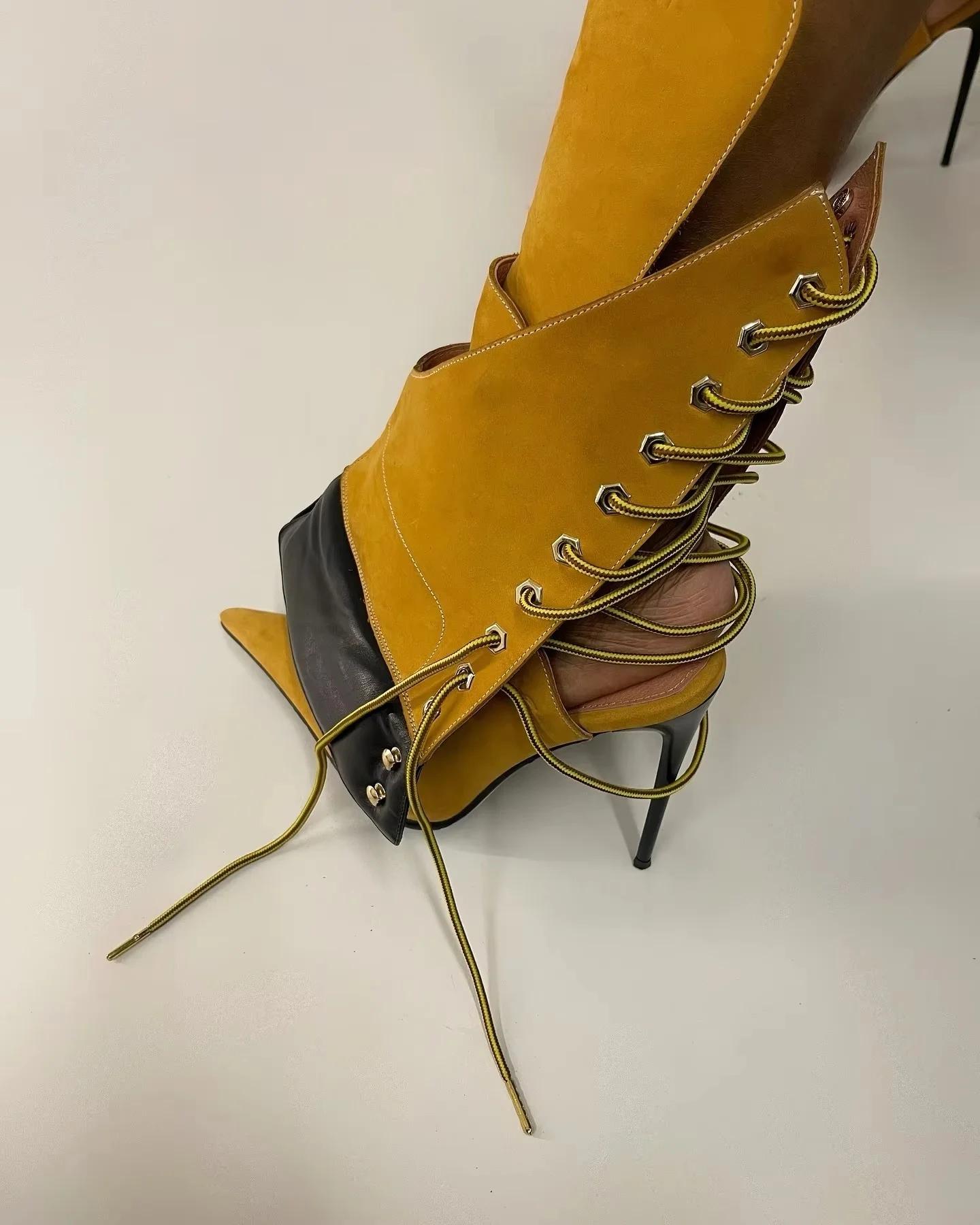 Gladiateur talons Patchwork avant à lacets bottes bout pointu chaussons aiguilles femmes luxe chauss