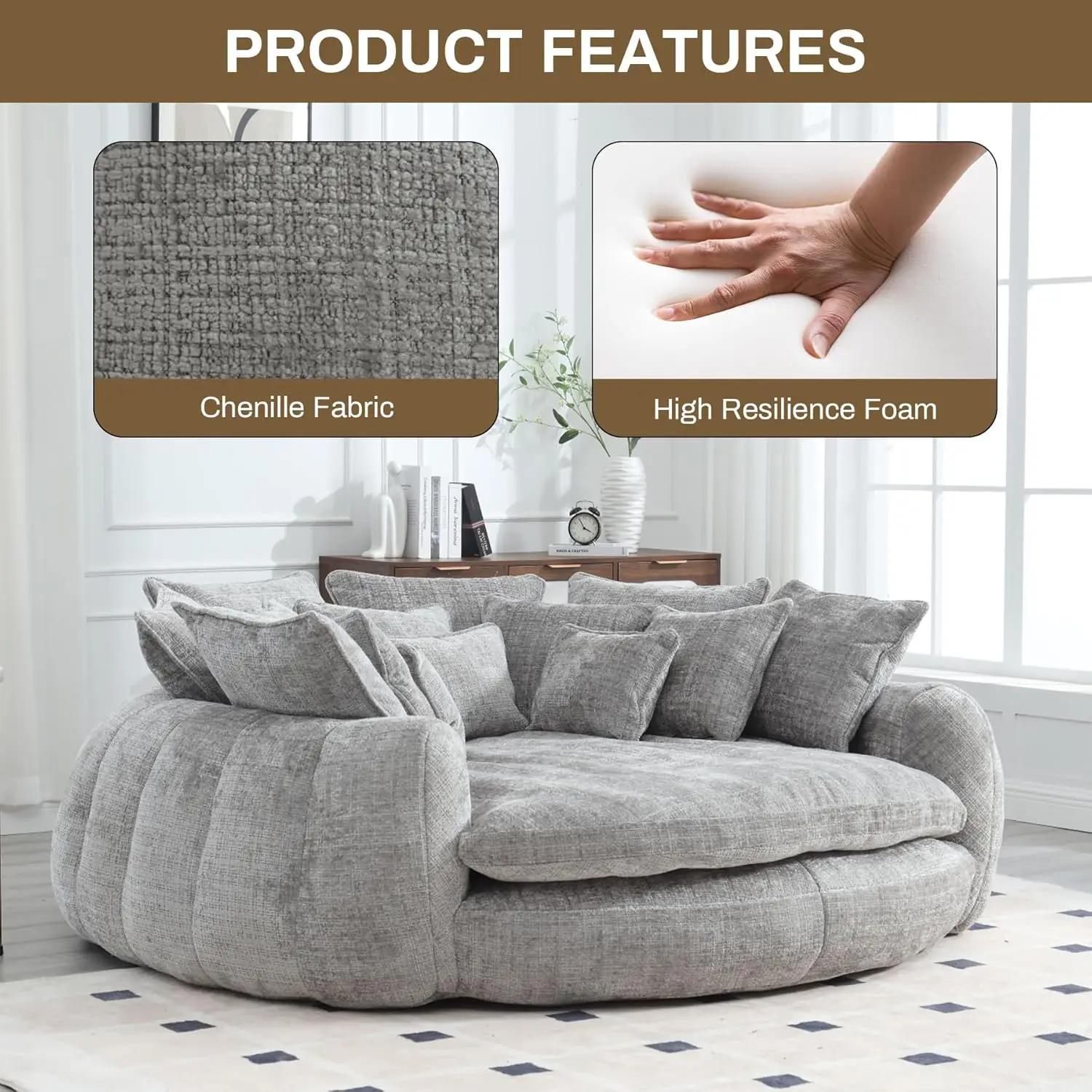 Chaise longue ronde surdimensionnée de 81,1 po de large, canapé pouf moelleux avec 14 coussins, faut
