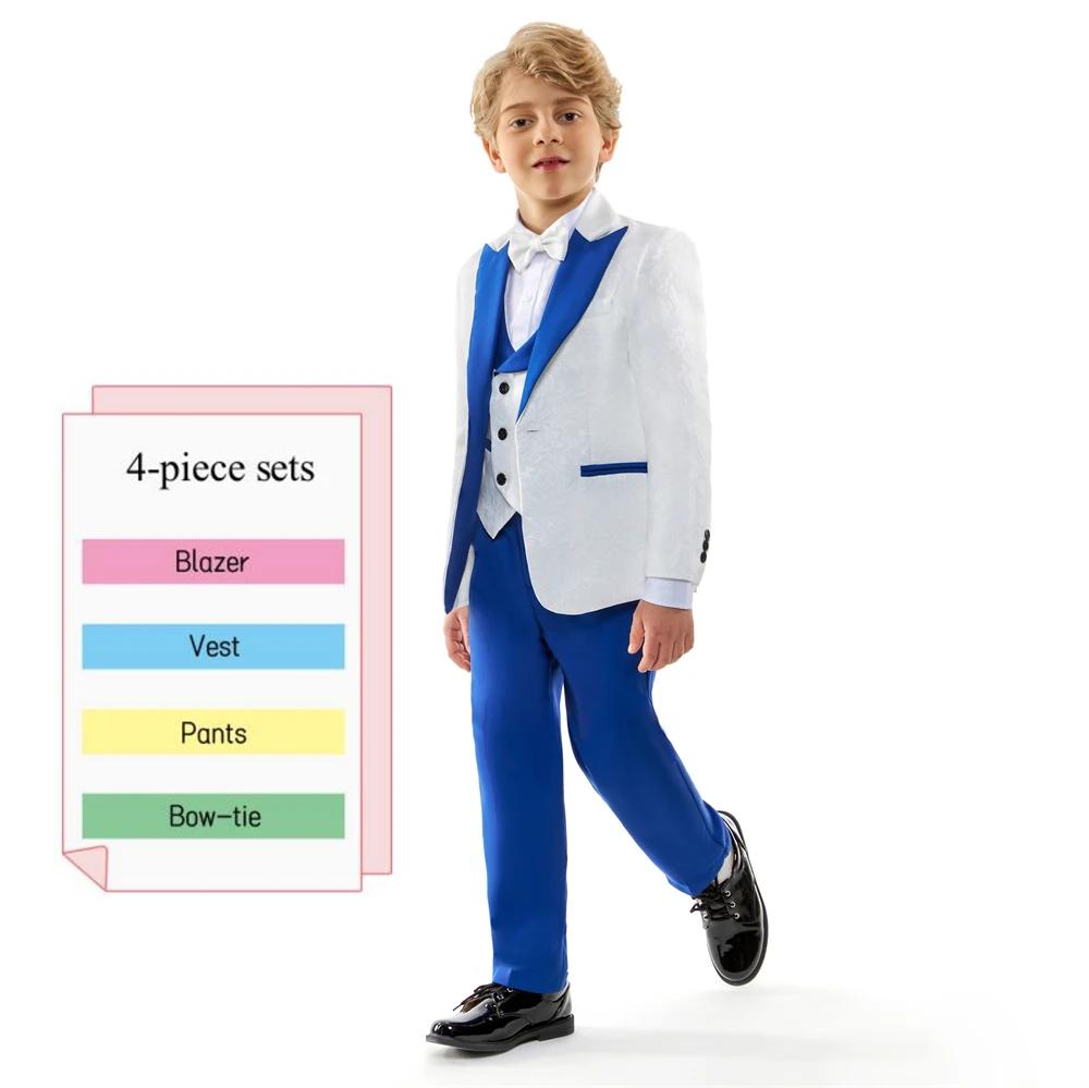 DTLumila - Costume de Cérémonie 3 Pièces Blanc pour Garçons 2026 avec Col Châle Bleu, Nœud Papillon 