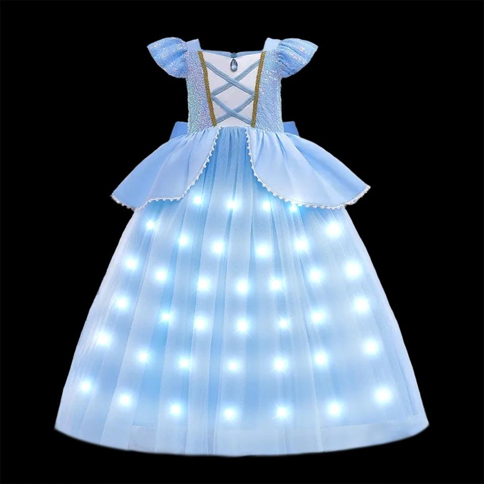 Robe de princesse Elsa Anna pour filles, avec lumière LED, Costume pour enfants, vêtements de fête C