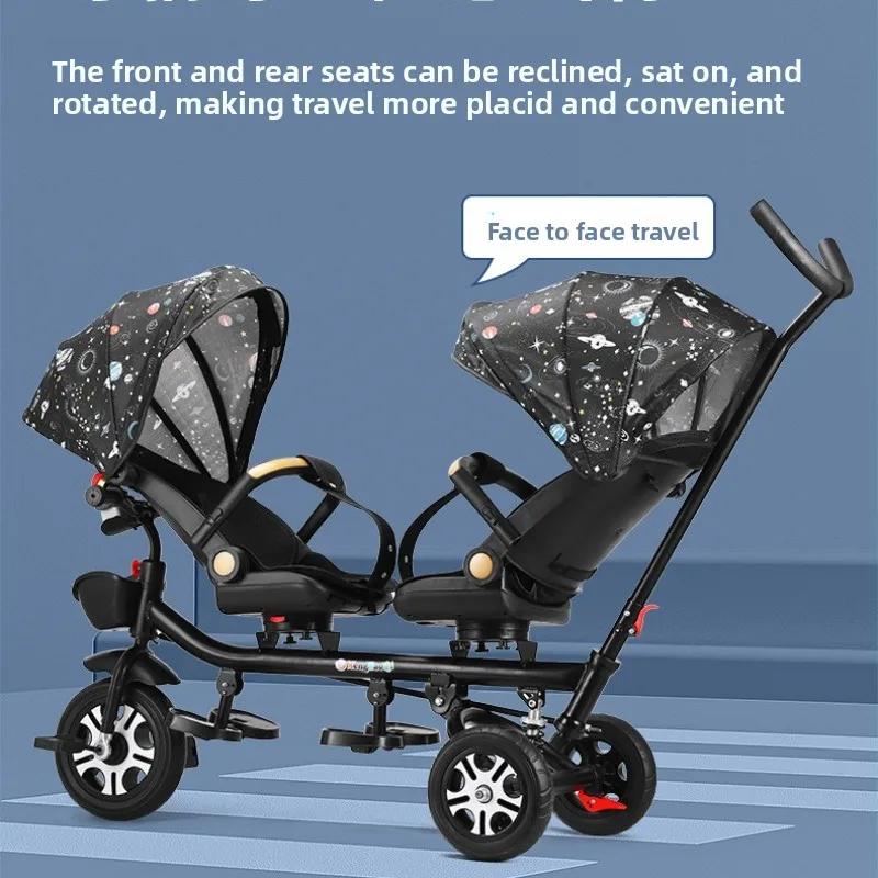 Tricycle pour enfants, poussette double, vélo à double siège avec siège inclinable, double direction