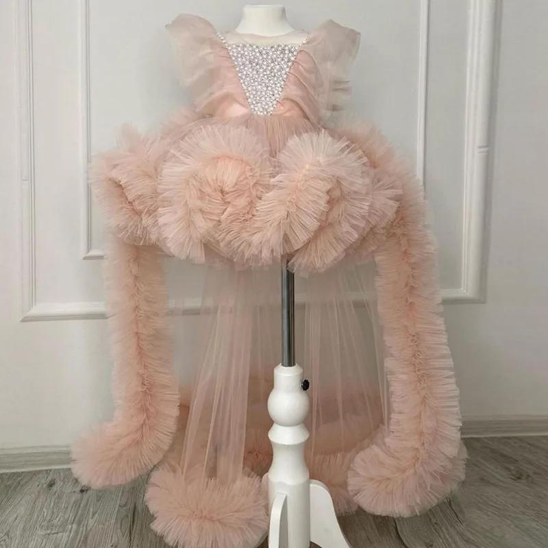 Robe Tutu Perlée pour Enfants avec Nœud et Longue Traîne, Robe de Cérémonie pour Filles, Tenue de Pr