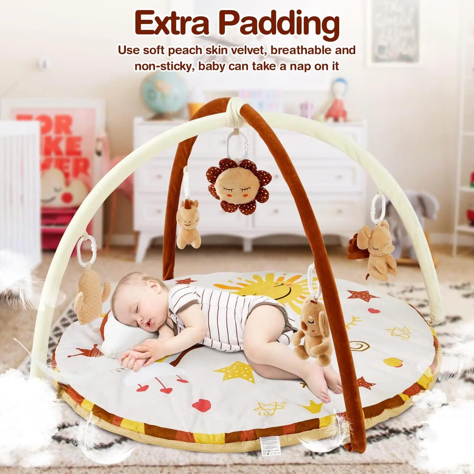 Tapis de jeu pour bébé avec arche d'activités 2-en-1, tapis antidérapant avec 9 jouets sensoriels dé