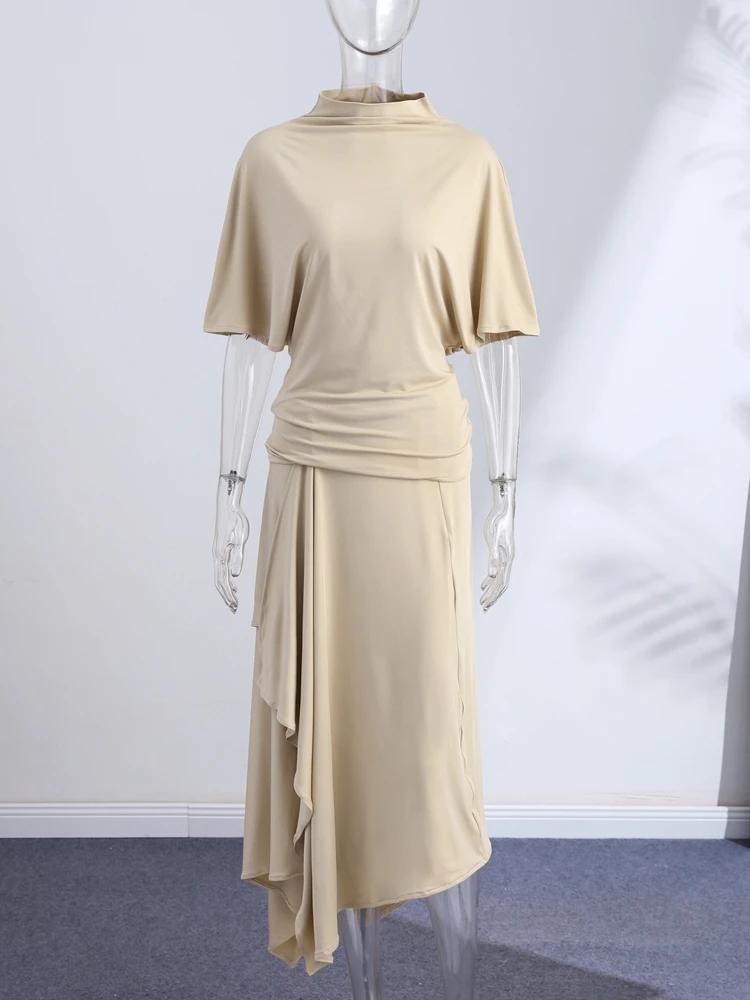 Ensemble élégant chemise asymétrique et jupe pour femme – Chemises unies à manches courtes et col ro
