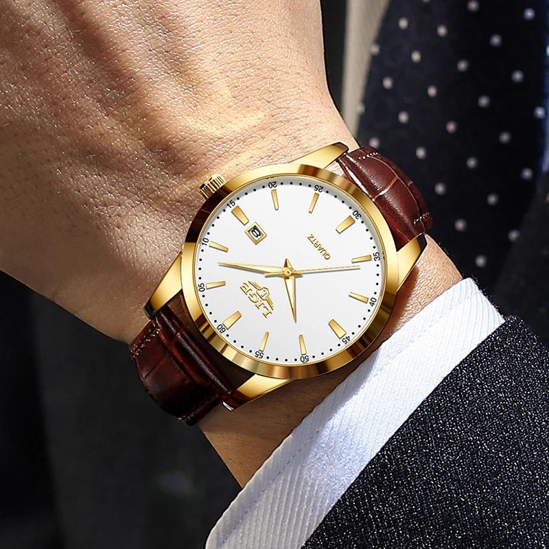 Montre LIGE en cuir marron pour homme, style militaire, sport, quartz, décontractée, étanche, chrono