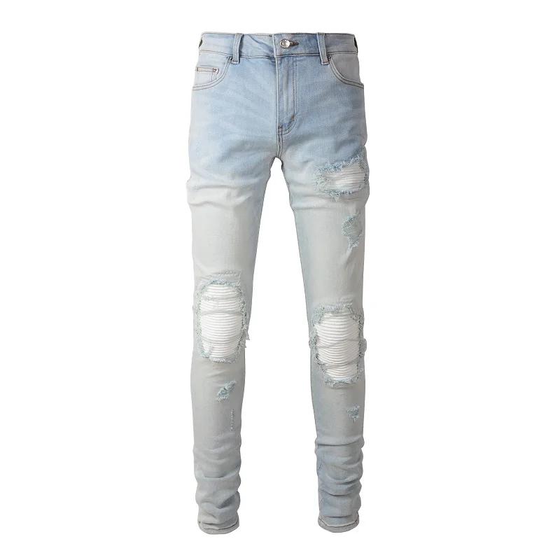 Jean de motard bleu clair pâle pour hommes, Patch plissé craquelé, pantalon en Denim extensible, Str