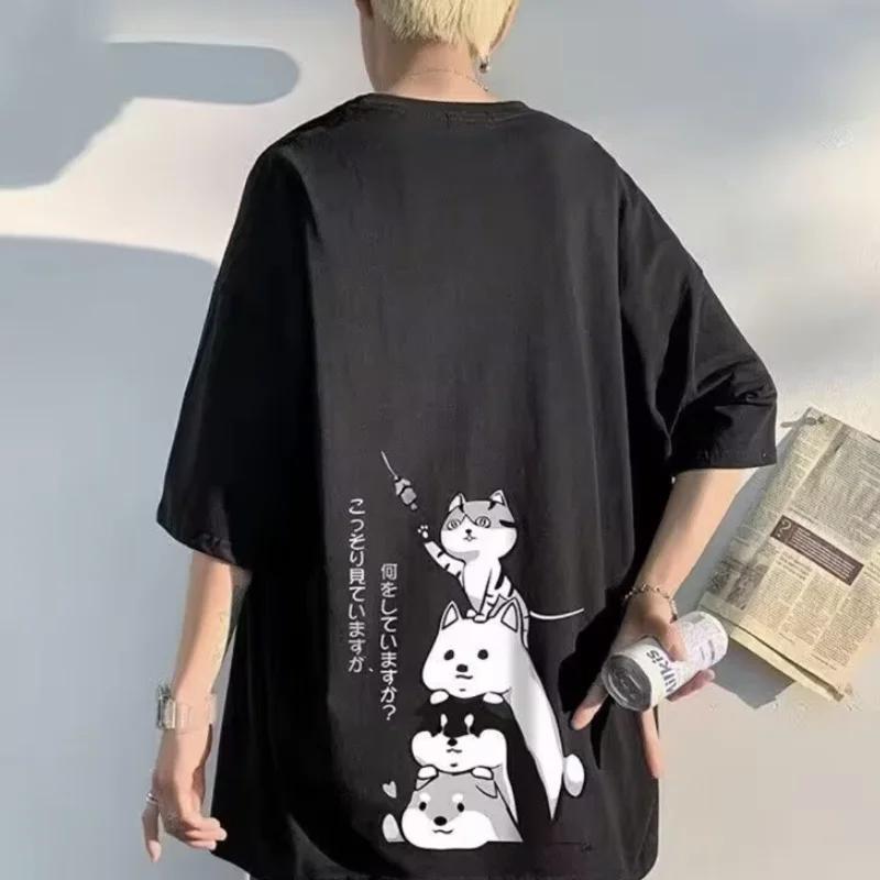 Pull à col rond extra large pour homme, chaton empilable, impression, manches moyennes, t-shirt amér