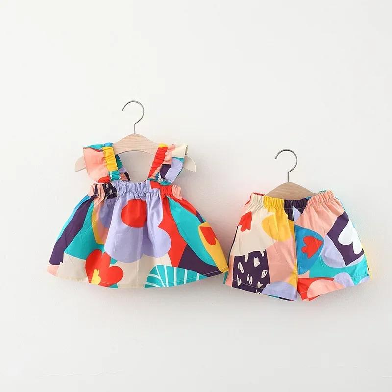 Ensemble de vêtements d'été pour bébés filles, haut à bretelles, couleur assortie, gilet à fleurs + 