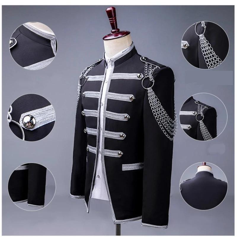 Blazer militaire noir avec chaîne argentée pour hommes, veste de spectacle de magicien pour chanteur