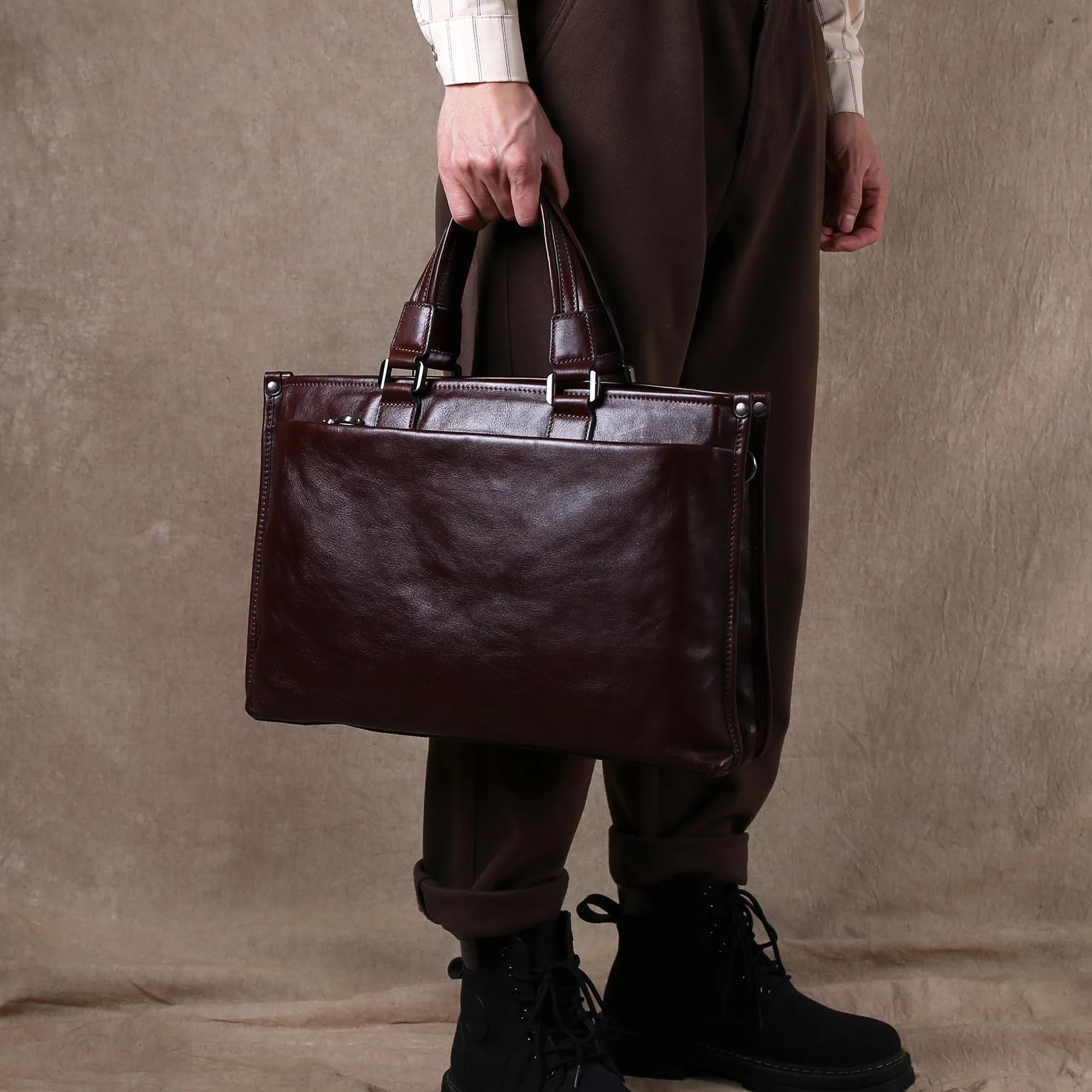 Sac à main en cuir de soie tanné végétal, mallette d'affaires décontractée, sac d'ordinateur 14 ", s