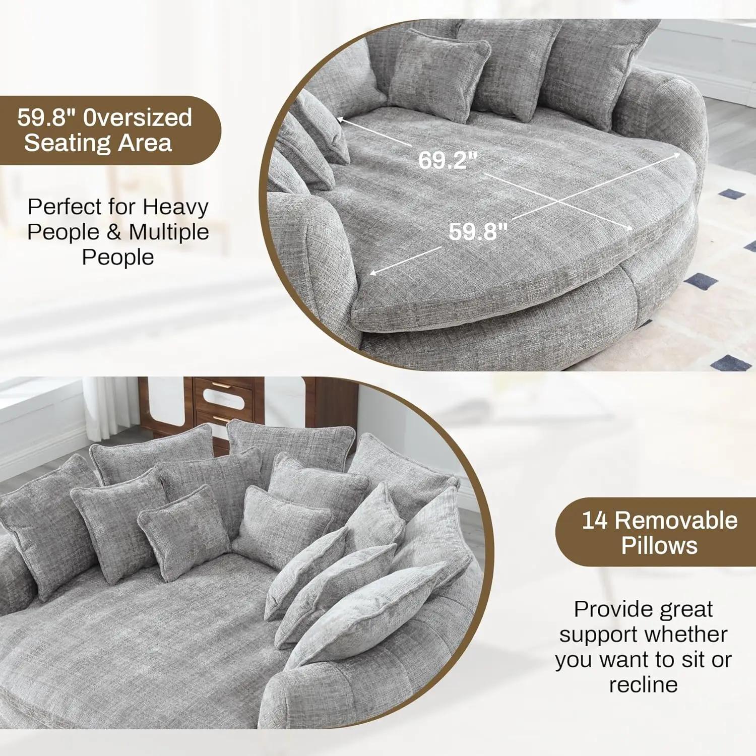 Chaise longue ronde surdimensionnée de 81,1 po de large, canapé pouf moelleux avec 14 coussins, faut