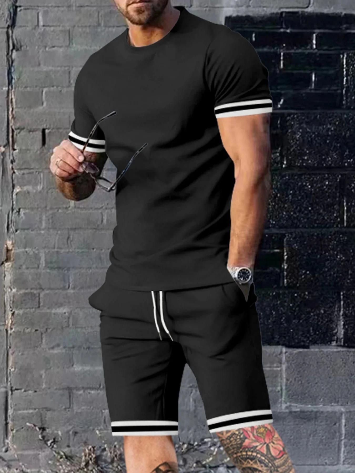 Ensemble T-shirt et short à col rond pour hommes, imprimé rayé minimaliste, confortable et respirant
