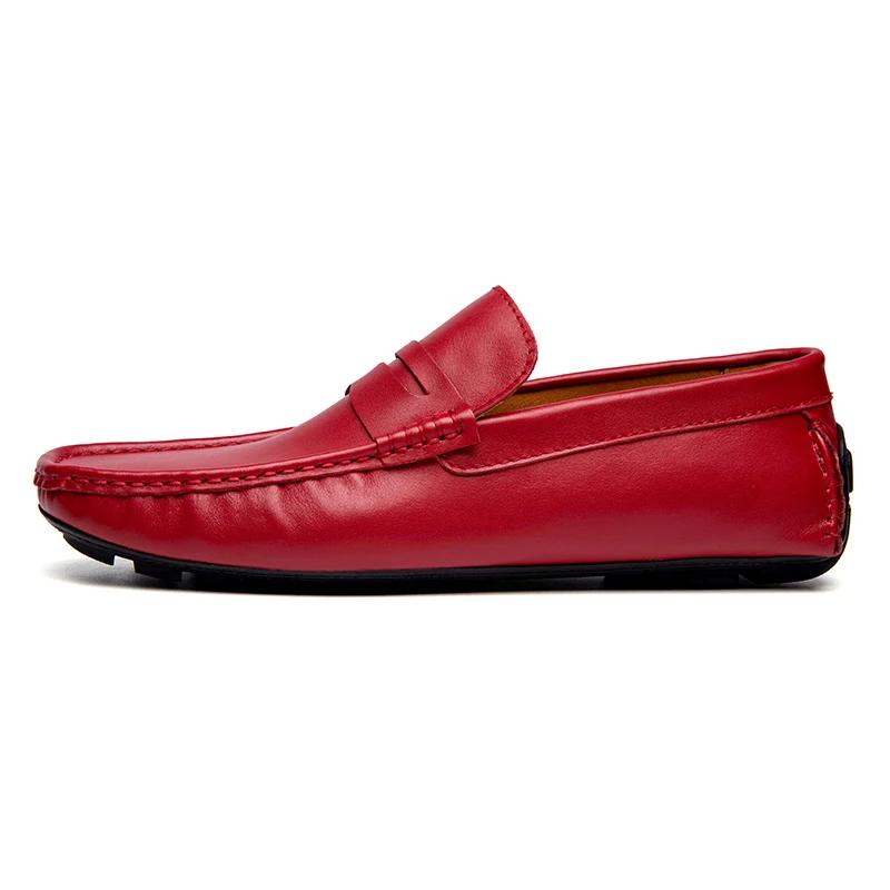 Mocassins rouges en cuir véritable pour hommes, chaussures décontractées à enfiler, cuir naturel, cr