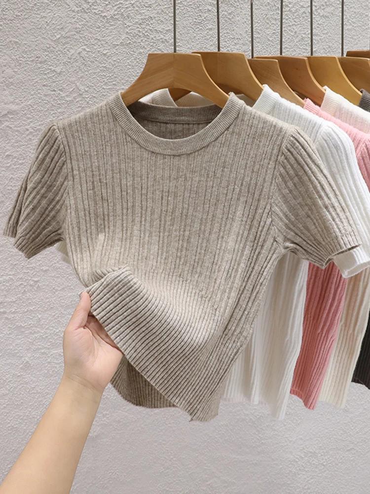 T-shirts d'été 2026 pour femmes – Décontractés, style coréen, tricotés, streetwear, basiques, unis, 