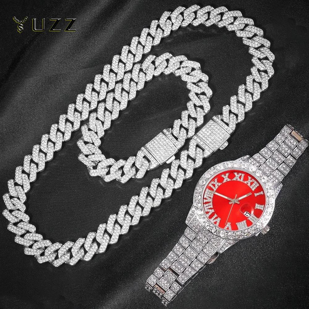Montre à chaîne cubaine pour hommes, 3 pièces, Hip Hop Miami, bordure glacée, pavé de strass, rappeu
