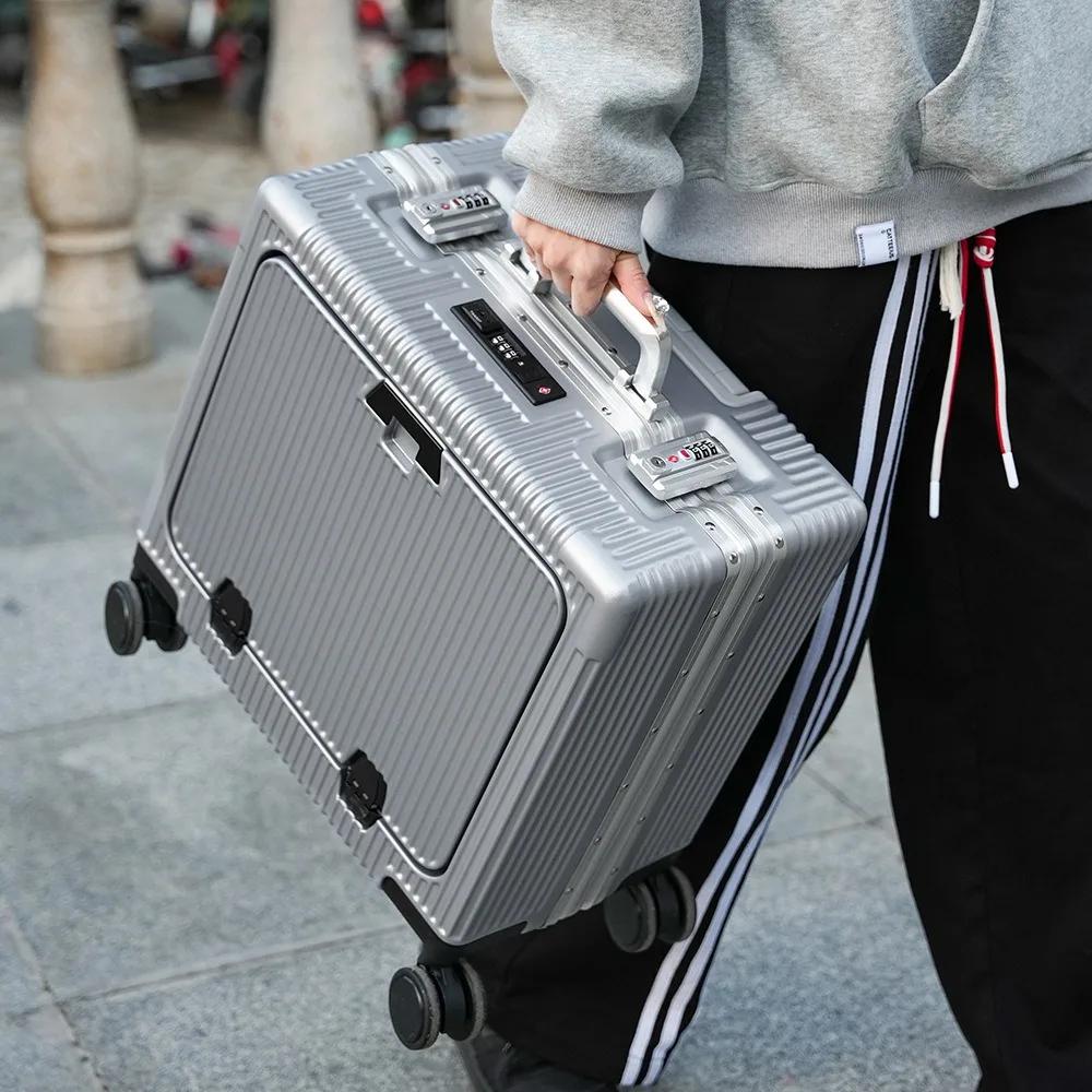 Valise de poche à ouverture avant, cadre en alliage d'aluminium, bagages roulants de 18 pouces, sacs