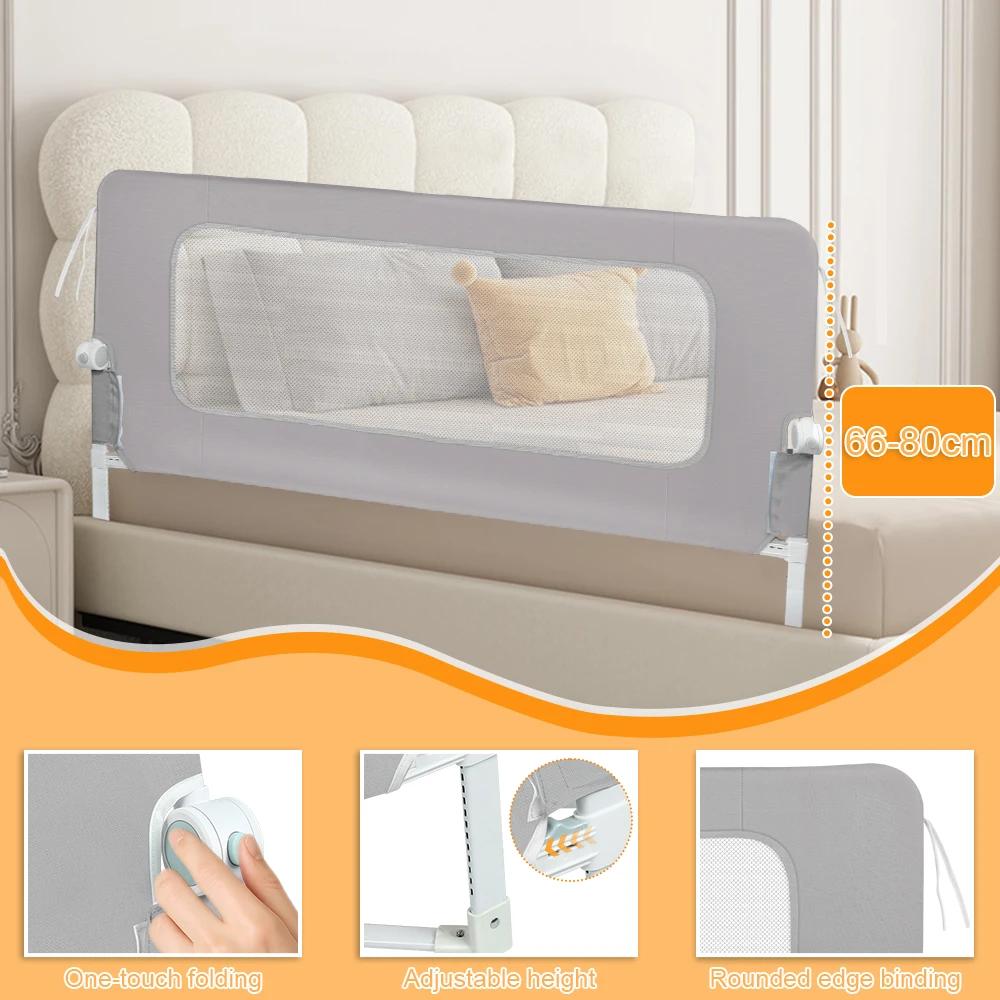 Barrière de lit de 150 / 180 / 200 cm - Protection anti-chute - Pliable à 180 ° - Hauteur réglable d