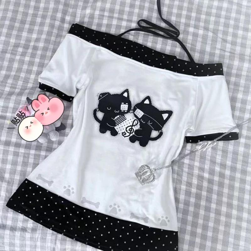 T-shirt pour femme, imprimé à pois, style japonais, kawaii, dessin animé, ample, décontracté, contra