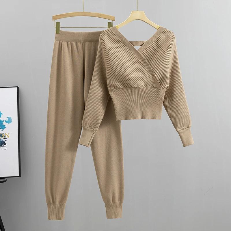 Ensemble deux pièces pour femme, survêtement élégant, Sexy, Style coréen, tricoté, côtelé, dos nu, L