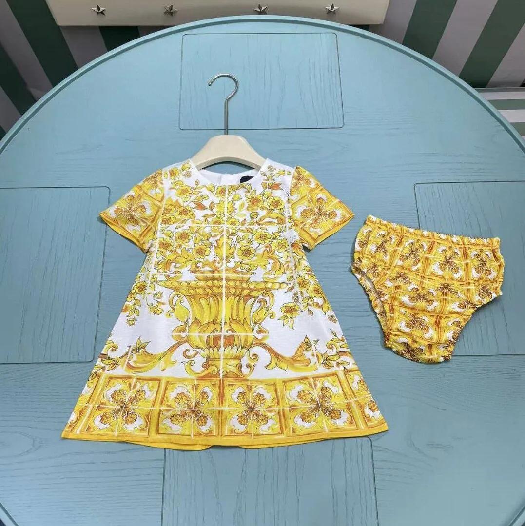 Robe en coton à motif floral doré pour filles, robe bébé, col rond, dernier style, 6-36M, 2024