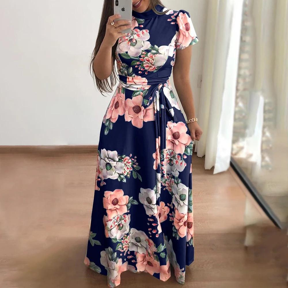 Robe d'été à imprimé Floral pour femmes, nouvelle robe trapèze Boho à manches courtes, robe Maxi flu