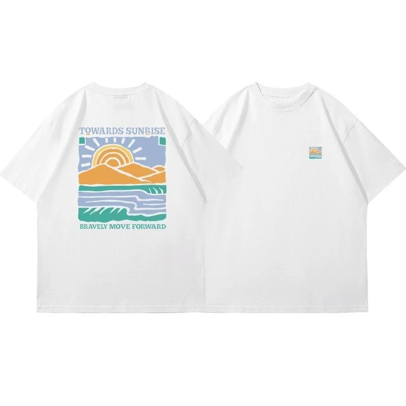 T-shirt Homme Été 2026 Rétro Imprimé Paysage Lettres Col Rond Décontracté Ample Style Urbain 100% Co