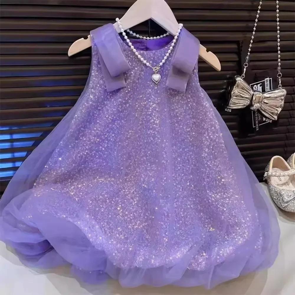 Robe d'été en dentelle à paillettes pour filles, tenue de princesse à bulles, avec nœud, Version cor