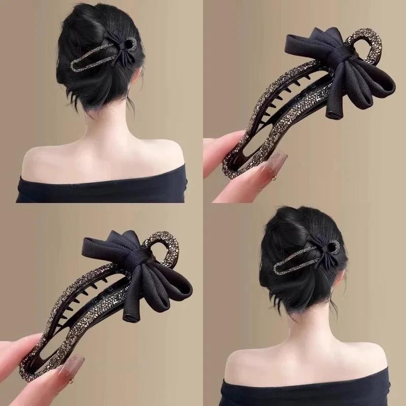 Pince à bec de canard en strass, classique, nœud noir, épingle à cheveux pratique, polyvalente, mode