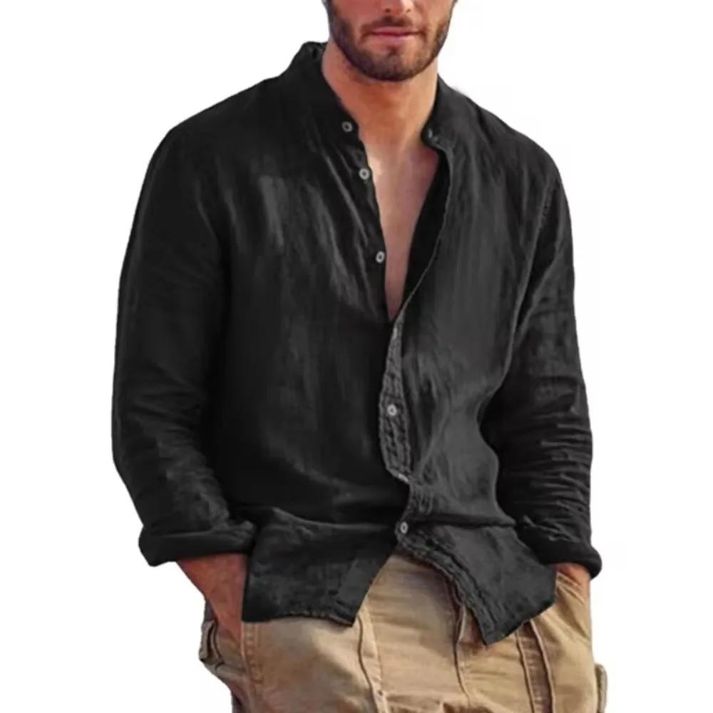Chemise en lin à manches longues pour hommes, col montant, chemises légères décontractées pour homme