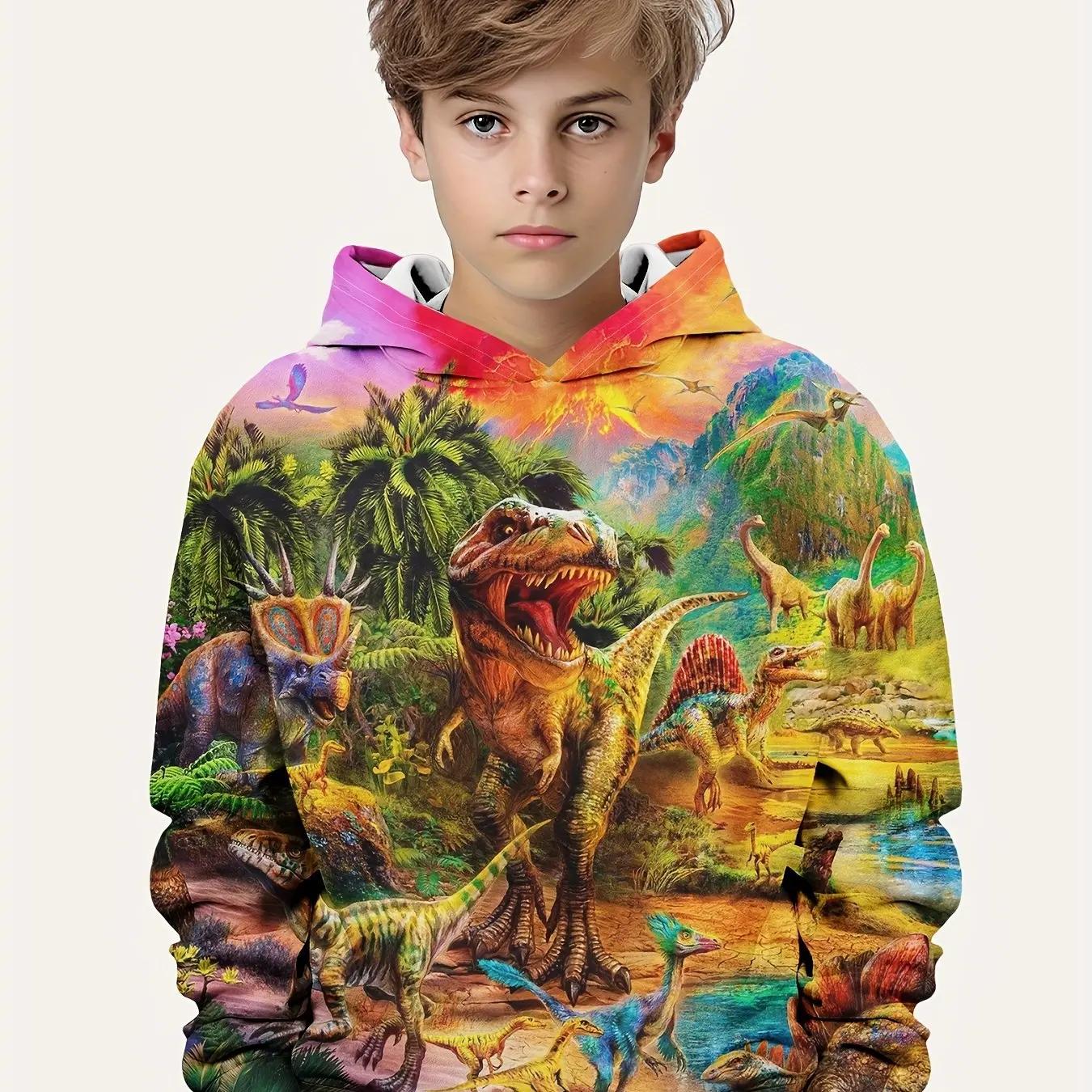 Sweat capuche manches longues enfant imprimé dinosaures dessin animé extérieur garçon printemps automne