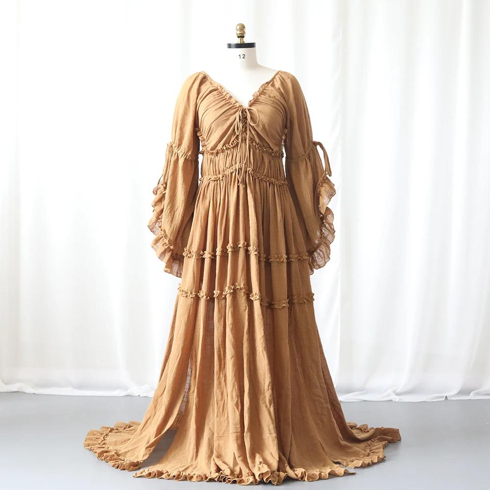 Robe de maternité fluide style Boho, manches longues, à volants, Maxi, robe de grossesse, réception-