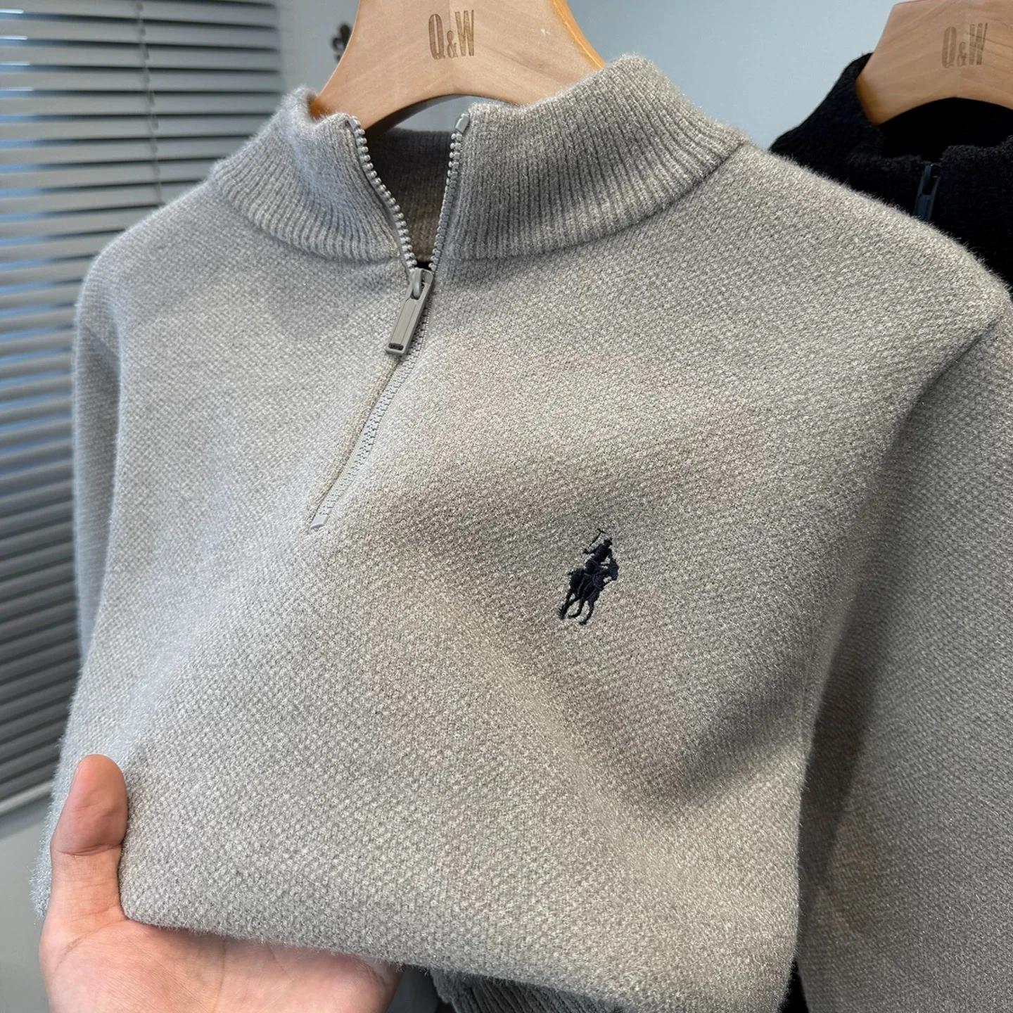 Marque de luxe zip demi col roulé pull hommes haut de gamme mode poney Golf broderie hiver velours é
