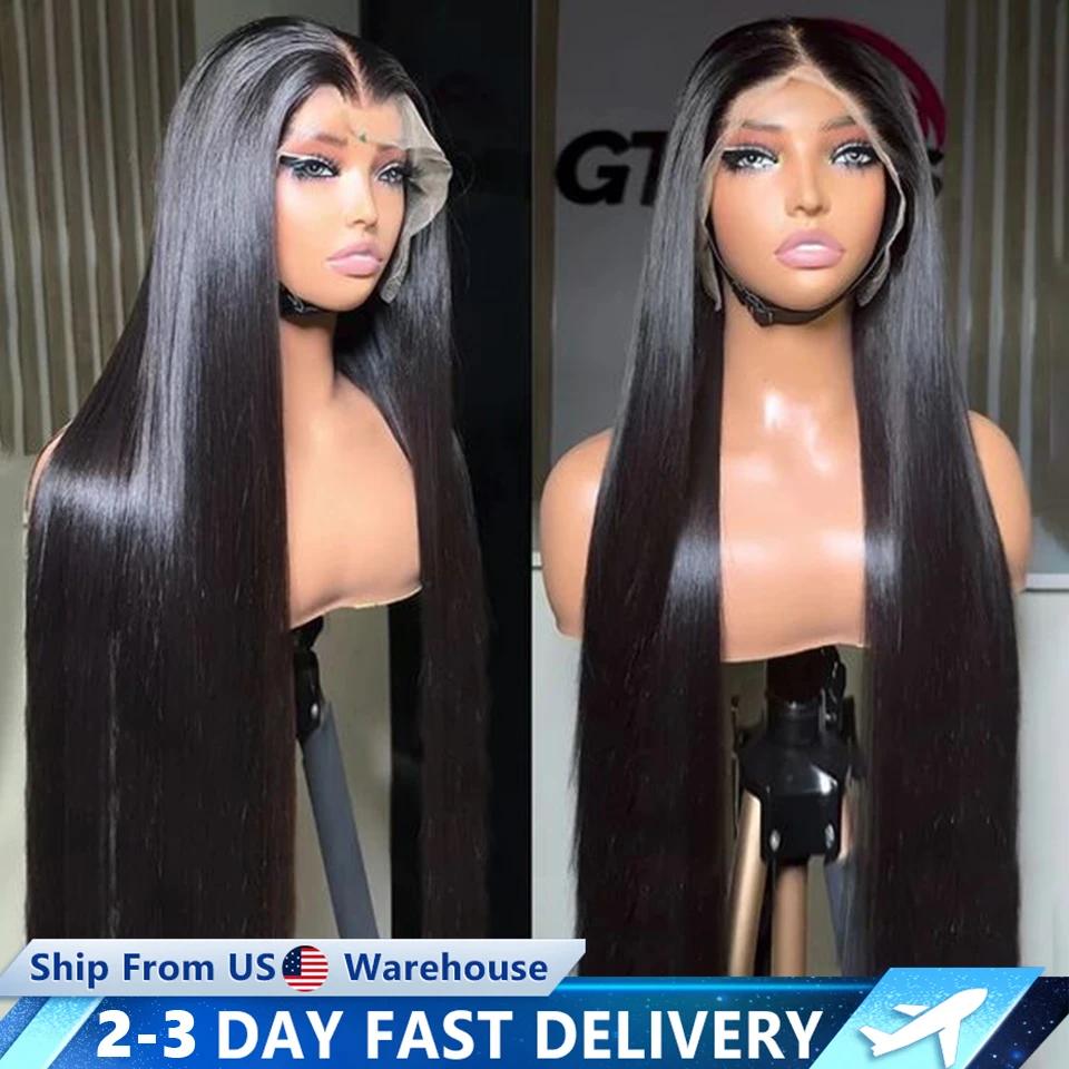 Perruque Lace Frontal Wig 360 transparente, cheveux naturels lisses, 4x4, 13x4, 13x6, 30 32 34 pouce