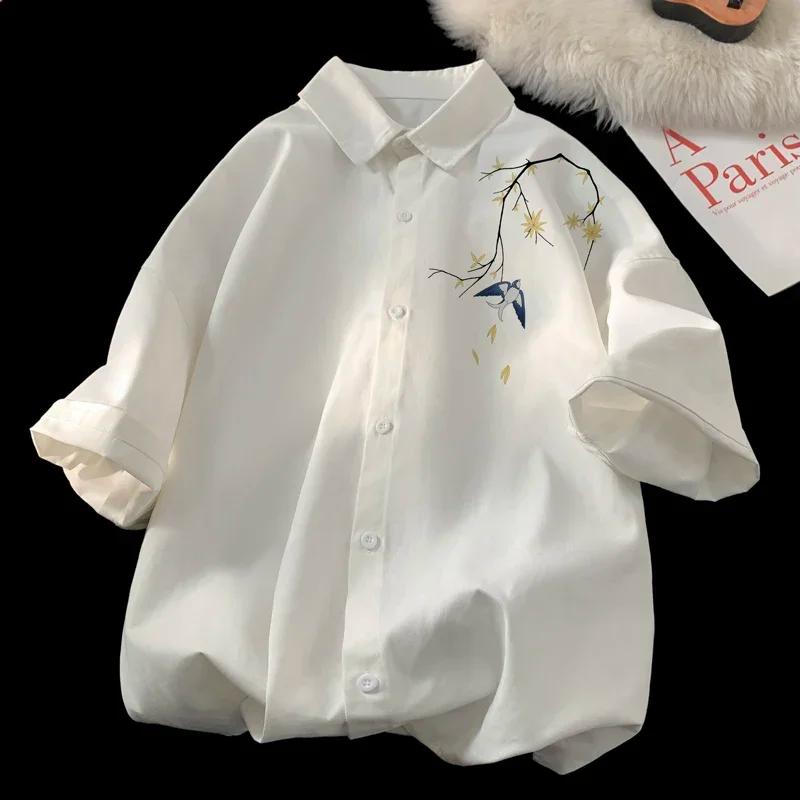 Chemises surdimensionnées pour hommes, chemisier imprimé hirondelle, blanc, mode 5XL, chemise surdim