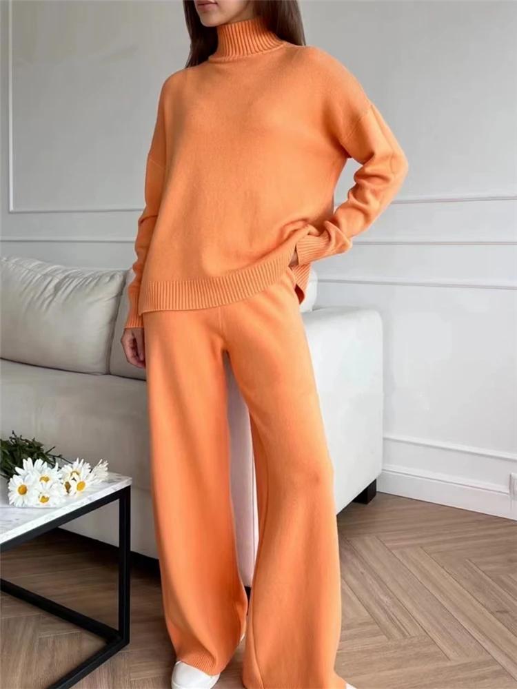 Ensemble 2 pièces pour femme, survêtement tricoté, pull à col roulé et pantalon de Jogging droit, au