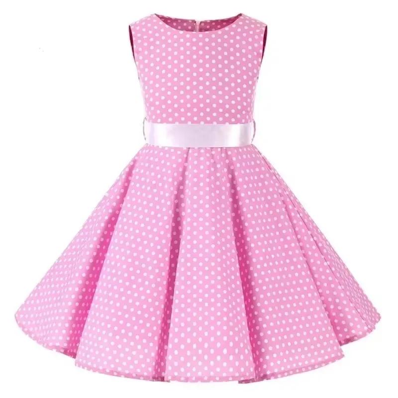 Robe en coton à pois vintage pour filles - Robe trapèze jupe plissée longueur genou style rétro