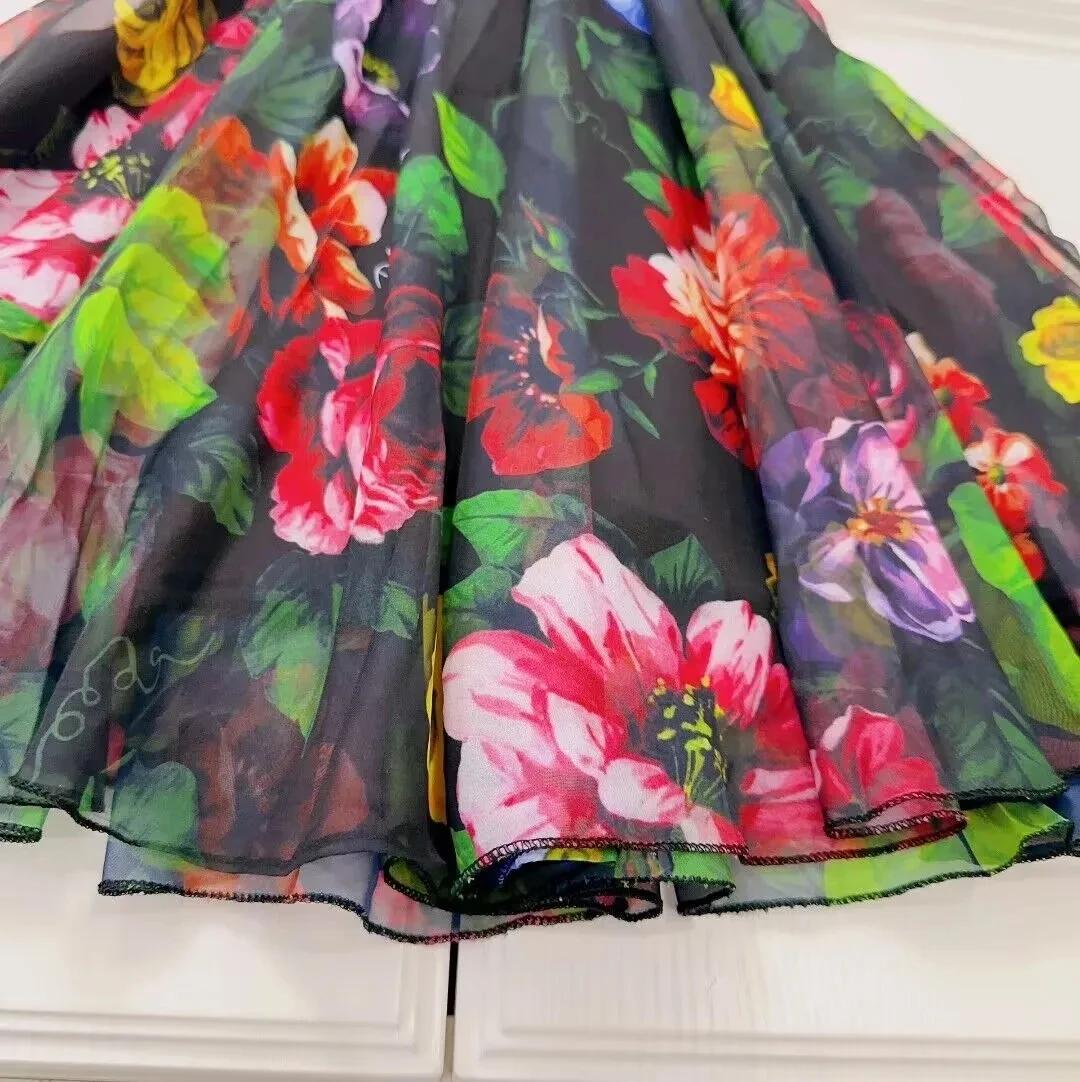 Robe à fleurs noires pour filles, doublure en coton doux, vêtements haut de gamme pour enfants, nouv