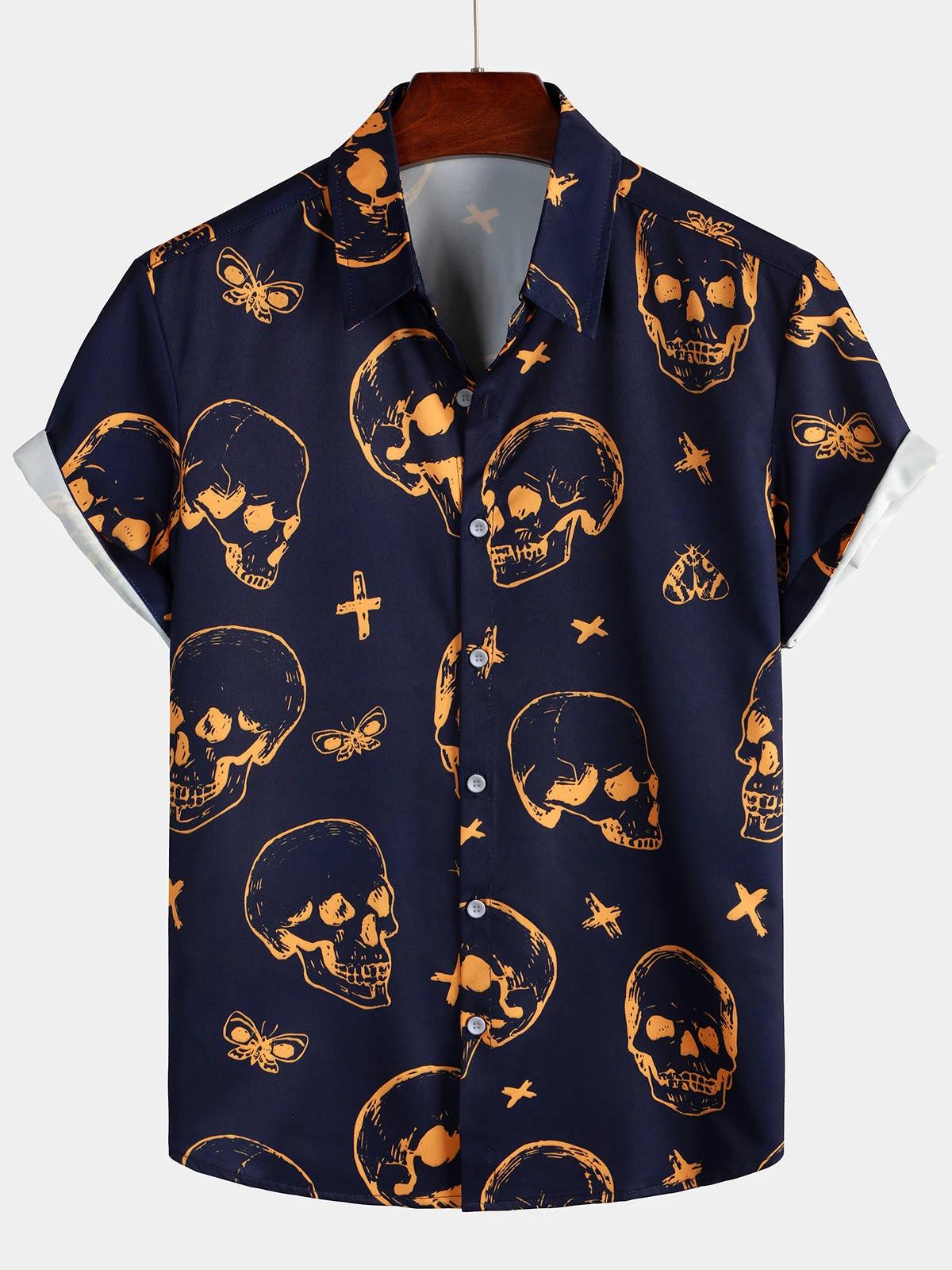 Chemise hawaïenne à manches courtes pour hommes, motif tête de mort, vacances, décontractée, quotidi